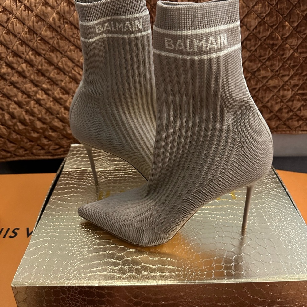 Balmain Taupe Knit Ankle Boots